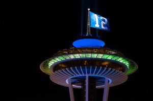 Picture of Seattle Space Needle flying Seahawks 12th man flag