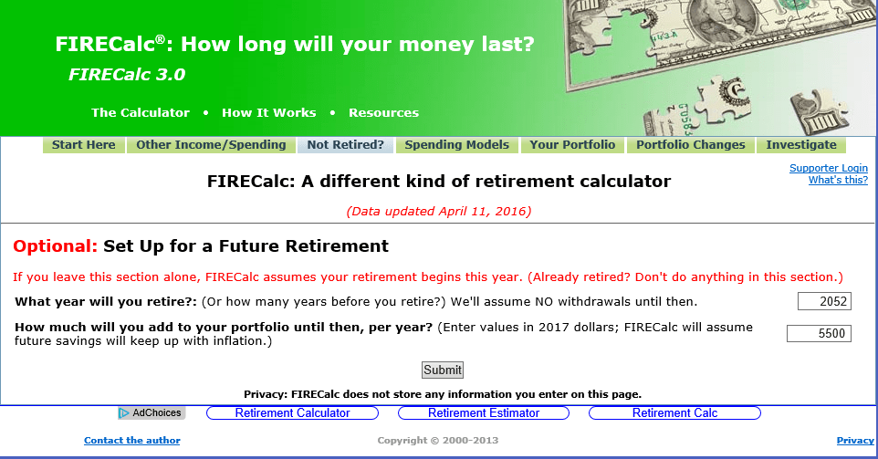 Picture of the Not Retired inputs for the FIRECalc retirement plan b calculations