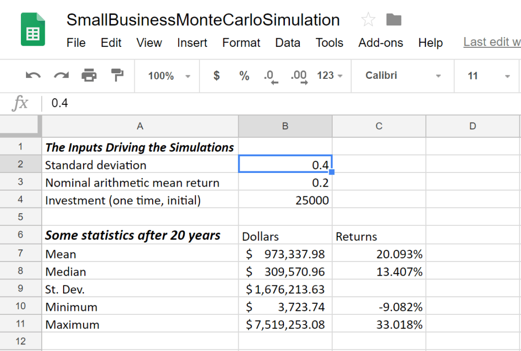 Picture of inputs area of small business monte carlo simulation worksheet