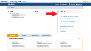 A screen capture of the MyDOR dashboard, with a red arrow that indicates where to click to either apply for a new business license or update an existing business license